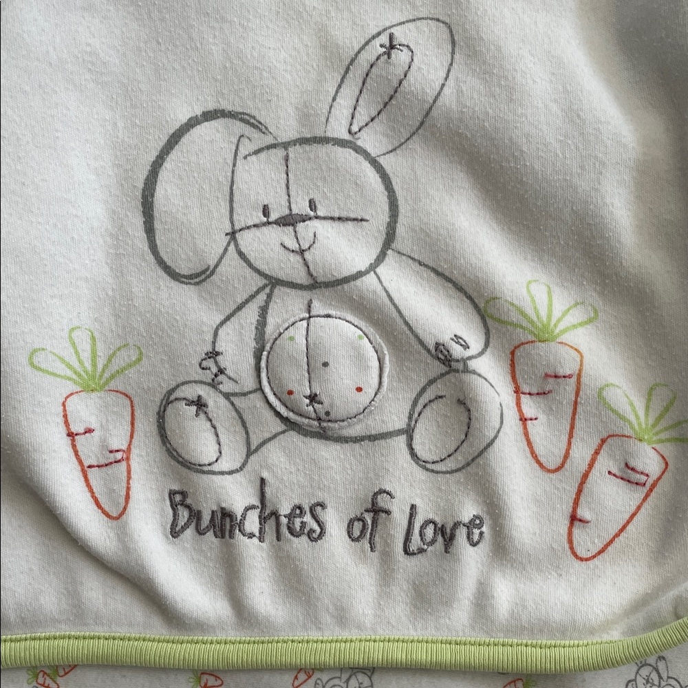 BUNCHES OF LOVE Baby Blanket w Embroidered Bunny Design - White Green Orange